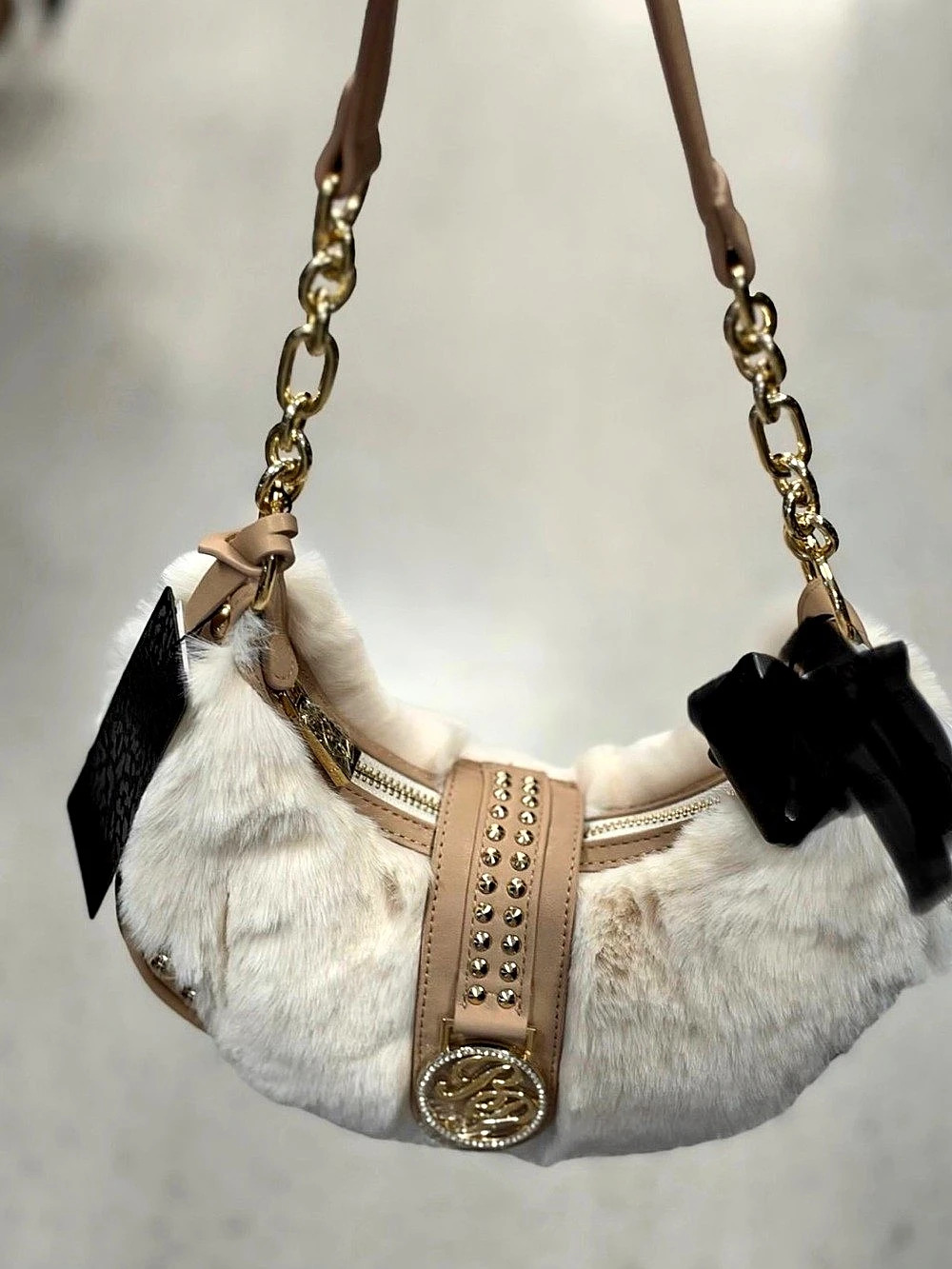 Baby Phat Faux Fur Shoulder Bag in White & Brown